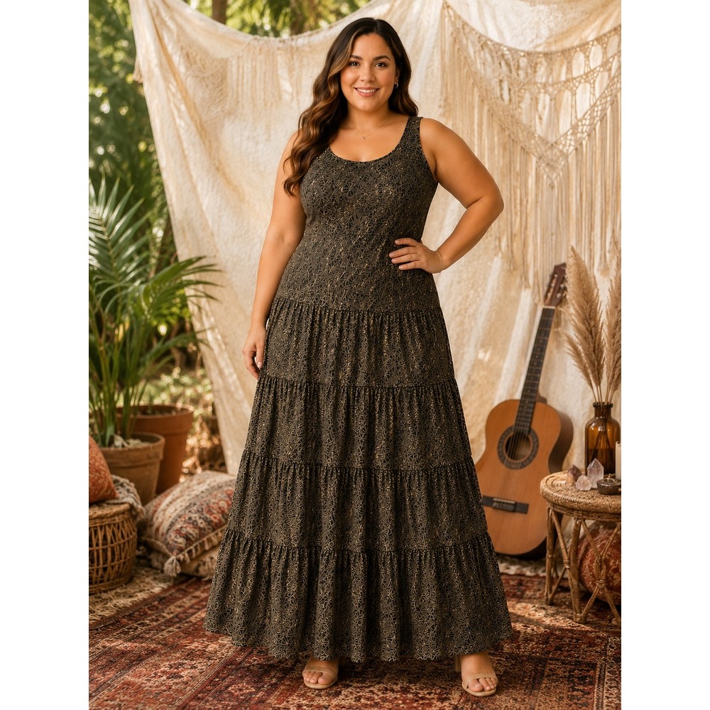 Jones Wear Dress Womens Gold Black Geometric Tiered Sleeveless Maxi Dress Siz 14